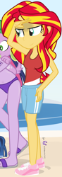 Size: 678x1917 | Tagged: safe, artist:dm29, spike, sunset shimmer, twilight sparkle, dog, human, equestria girls, g4, beach, clothes, cropped, crossdressing, down under summer, gym shorts, hand on hip, multicolored hair, no socks, one-piece swimsuit, outdoors, purple skin, sandals, shiny skin, shoes, shorts, sneakers, solo focus, spike the dog, sun, sunscreen, swimsuit, tank top, tomboy, trainers, yellow skin