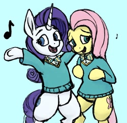 Size: 2048x1983 | Tagged: safe, artist:phutashi, fluttershy, rarity, pegasus, pony, unicorn, filli vanilli, g4, bipedal, bowtie, clothes, duo, female, high res, looking at you, mare, music notes, open mouth, ponytones outfit, simple background, singing, smiling, standing, sweater, teal background