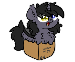 Size: 3250x2688 | Tagged: safe, artist:php142, oc, oc only, oc:astral gazer, alicorn, bat pony, pony, alicorn oc, bat wings, box, chest fluff, cute, fluffy, happy, heterochromia, high res, horn, male, pony in a box, simple background, solo, stallion, transparent background, wings
