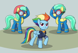 Size: 1600x1100 | Tagged: safe, artist:mew-me, barley barrel, pickle barrel, rainbow dash, pegasus, pony, g4, rainbow roadtrip, barrel twins, brother and sister, clothes, female, goggles, male, older, older barley barrel, older pickle barrel, older rainbow dash, safety goggles, salute, siblings, twins, uniform, wonderbolts uniform, younger