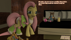 Size: 1920x1080 | Tagged: safe, artist:unknownpublisher, fluttershy, pegasus, pony, g4, 3d, adult foal, baby bottle, bed, clothes, cubes, daddy, diaper, diaper fetish, equestria girls outfit, female, fetish, looking at you, non-baby in diaper, open mouth, plushie, poofy diaper, rattle, solo, source filmmaker, talking to viewer, teddy bear