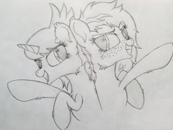 Size: 2016x1512 | Tagged: safe, artist:straighttothepointstudio, oc, oc:emination harvest, oc:materlia harvest, earth pony, pony, unicorn, determined, ear fluff, earth pony oc, female, fluffy, freckles, grayscale, happy, horn, long mane, looking at each other, mare, monochrome, siblings, sisters, traditional art, unicorn oc