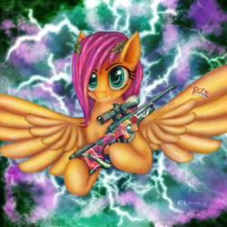 Size: 2000x2000 | Tagged: safe, artist:eltaile, fluttershy, pegasus, pony, g4, awp, banana, counter-strike, counter-strike: global offensive, female, flying, food, gun, high res, laurel wreath, lightning, rifle, sniper rifle, snipershy, solo, sticker, thunder, weapon, wings