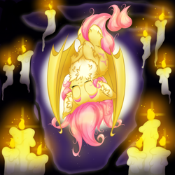 Size: 2500x2500 | Tagged: safe, artist:rurihal, fluttershy, bat pony, pony, g4, bat ponified, candle, chest fluff, ear fluff, eyes closed, fire, flutterbat, high res, hoof fluff, lair, light, race swap, solo, upside down