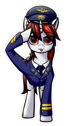 Size: 708x1278 | Tagged: safe, alternate version, artist:colourwave, oc, oc only, oc:blackjack, pony, unicorn, fallout equestria, fallout equestria: project horizons, :p, aeroflot logo, broken anatomy, clothes, cute, cyber eyes, fanfic art, female, hammer and sickle, helicopter pilot, horn, looking at you, mlem, non canon, o7, pilot, salute, silly, simple background, solo, sticker, tongue out, transparent background, uniform