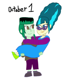 Size: 1280x1475 | Tagged: safe, artist:horroraceman93, juniper montage, wallflower blush, equestria girls, g4, beehive hairdo, bridal carry, bride of frankenstein, carrying, clothes, cosplay, costume, duo, female, frankenstein's monster, glasses, halloween, holiday, lesbian, ship:juniblush, shipping, simple background, transparent background