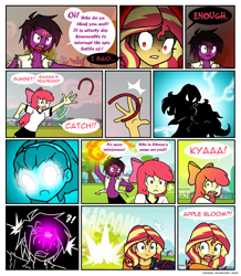 Size: 784x898 | Tagged: safe, artist:crydius, apple bloom, sunset shimmer, oc, oc:eldritch, oc:feral (crydius), oc:gamma, gynoid, robot, comic:the first year's dodgeball competition, equestria girls, g4, angry, comic, explosion, female, fire, glowing eyes, headband, magical lesbian spawn, offspring, open mouth, parent:oc:crydius, parent:sci-twi, parent:sunset shimmer, parent:tempest shadow, parents:scitwishimmer, sunset satan, this will end in death, this will end in tears, this will end in tears and/or death