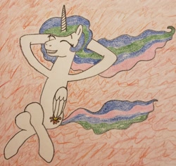 Size: 1870x1762 | Tagged: safe, anonymous artist, princess celestia, alicorn, pony, g4, crossed legs, drawthread, hooves behind head, lying down, on back, requested art, solo, traditional art