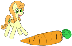 Size: 1194x766 | Tagged: safe, anonymous artist, carrot top, golden harvest, earth pony, pony, g4, carrot, cute, drawthread, food, happy, herbivore, open mouth, requested art, simple background, solo, white background