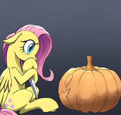 Size: 2000x1900 | Tagged: safe, anonymous artist, fluttershy, pegasus, pony, g4, carving, drawthread, gradient background, halloween, holiday, jack-o-lantern, knife, pumpkin, requested art, scared, solo