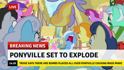 Size: 1280x720 | Tagged: safe, artist:tardifice, edit, edited screencap, screencap, bon bon, lyra heartstrings, sweetie drops, trixie, g4, the cutie pox, to where and back again, break your own news, terrorism