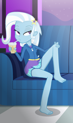 Size: 1100x1853 | Tagged: safe, alternate version, artist:grapefruitface1, trixie, equestria girls, g4, barefoot, base used, bedroom eyes, clothes, drinking, drinking straw, feet, legs, looking sideways, night, schrödinger's pantsu, show accurate, sitting, sitting pretty, solo, thighs, window