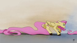 Size: 3840x2160 | Tagged: safe, artist:tenebrisnoctus, fluttershy, pegasus, pony, g4, abstract background, chasing own tail, colored hooves, concave belly, female, floppy ears, folded wings, frown, gradient background, high res, impossibly long tail, long tail, looking at self, looking at something, looking down, mare, no catchlights, profile, solo, tail extensions, unshorn fetlocks, walking, wings