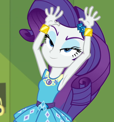 Size: 1006x1080 | Tagged: safe, screencap, rarity, equestria girls, equestria girls series, g4, holidays unwrapped, o come all ye squashful, spoiler:eqg series (season 2), armpits, arms in the air, bracelet, canterlot high, clothes, cropped, eyeshadow, female, geode of shielding, hallway, hands in the air, jewelry, lidded eyes, lockers, magical geodes, makeup, pencil skirt, rarity peplum dress, skirt, smiling, solo