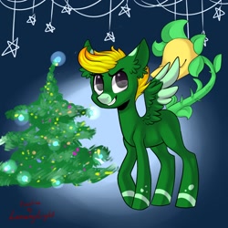 Size: 1024x1024 | Tagged: safe, oc, oc only, monster pony, original species, pegasus, piranha plant pony, plant pony, pony, augmented tail, base used, christmas, christmas tree, ear fluff, grin, holiday, pegasus oc, plant, signature, smiling, solo, tree, two toned wings, wings