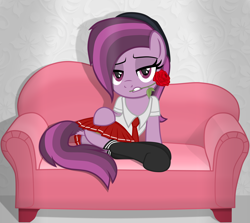 Size: 3212x2862 | Tagged: safe, artist:chomakony, oc, oc only, oc:ruby geminis, earth pony, pony, bedroom eyes, butt, clothes, couch, earth pony oc, female, flower, flower in mouth, hat, high res, lidded eyes, looking at you, mare, mouth hold, plot, pose, rose, rose in mouth, seductive look, seductive pose, show accurate, sitting, skirt, socks, solo