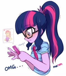 Size: 2976x3432 | Tagged: safe, artist:maren, sci-twi, sunset shimmer, twilight sparkle, equestria girls, g4, blushing, boob boop, breasts, cute, female, glasses, high res, implied breast expansion, implied lesbian, implied scitwishimmer, implied shipping, phone, ponytail, puberty, sci-twiabetes, simple background, solo, squishy, touch, twiabetes, white background, younger