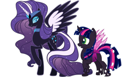 Size: 1500x942 | Tagged: safe, edit, editor:lunarangel, idw, vector edit, nightmare rarity, twilight sparkle, alicorn, changeling, pony, g4, alicornified, alternate design, changelingified, female, lesbian, nightmare raricorn, nightmare rarilight, purple changeling, race swap, ship:rarilight, shipping, simple background, species swap, spread wings, transparent background, twiling, vector, wings