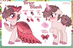 Size: 1500x998 | Tagged: safe, artist:jennieoo, oc, oc only, oc:brier blush, butterfly, pony, unicorn, g4, clothes, dress, female, gala, gala dress, magic, mare, reference sheet, royal gala, show accurate, shy, solo, sparkles