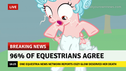 Size: 1280x720 | Tagged: safe, edit, edited screencap, screencap, cozy glow, pegasus, pony, g4, abuse, belly, break your own news, cozybuse, petrification, solo