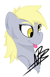 Size: 1200x1848 | Tagged: safe, artist:shappy the lamia, derpy hooves, pegasus, pony, g4, bust, cute, derp, eyebrows, happy, signature, simple background, smiling, solo, tongue out, transparent background