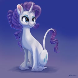 Size: 2048x2048 | Tagged: safe, artist:catscratchpaper, rarity, classical unicorn, pony, unicorn, g4, alternate hairstyle, blue background, cloven hooves, female, gradient background, high res, horn, leonine tail, looking at you, mare, simple background, sitting, smiling, unshorn fetlocks