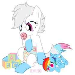 Size: 1200x1194 | Tagged: safe, artist:jennieoo, rainbow dash, oc, oc only, oc:star lily, pony, g4, adult foal, blocks, diaper, diaper fetish, female, fetish, non-baby in diaper, pacifier, plushie, rainbow dash plushie, show accurate, simple background, solo, transparent background
