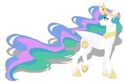 Size: 3000x1993 | Tagged: safe, artist:toptian, princess celestia, alicorn, pony, g4, curved horn, female, hoof shoes, horn, jewelry, looking back, mare, peytral, simple background, solo, tiara, white background