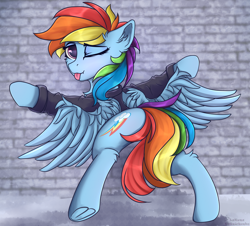 Size: 4200x3800 | Tagged: safe, artist:lakunae, rainbow dash, pegasus, pony, g4, ;p, backwards cutie mark, butt, clothes, ear fluff, female, frog (hoof), jacket, looking at you, looking back, looking back at you, mare, one eye closed, ouch, plot, rainbow crash, rainbutt dash, tongue out, underhoof, wink