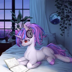 Size: 1200x1200 | Tagged: safe, artist:lunarlacepony, oc, oc only, oc:purpleflare, pony, unicorn, bed, blank flank, book, ear fluff, headphones, indoors, music, plant, reading, solo, window