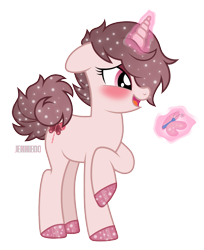 Size: 979x1200 | Tagged: safe, artist:jennieoo, oc, oc only, oc:brier blush, butterfly, pony, unicorn, g4, blushing, cute, female, magic, mare, show accurate, simple background, smiling, solo, sparkles, transparent background