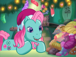 Size: 938x700 | Tagged: safe, screencap, minty, a very minty christmas, g3, christmas, christmas lights, clothes, cute, fireplace, hasbro is trying to murder us, hat, holiday, mintabetes, santa hat, smiling, socks, that pony sure does love socks