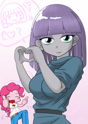 Size: 2894x4093 | Tagged: safe, artist:batipin, maud pie, pinkie pie, equestria girls, g4, blushing, breasts, busty maud pie, busty pinkie pie, camp everfree outfits, cute, diapinkes, duo, eyes closed, female, heart, heart hands, looking at you, open mouth, pictogram, pie sisters, siblings, sisters, smiling, speech bubble, thumbs up, when she smiles