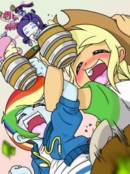 Size: 1668x2224 | Tagged: safe, artist:batipin, applejack, fluttershy, pinkie pie, rainbow dash, rarity, sci-twi, twilight sparkle, equestria girls, g4, alcohol, blushing, blushing profusely, cider, cowboy hat, drunk, drunk aj, drunker dash, eyes closed, female, go home you're drunk, hard cider, hat, open mouth, party, sci-twi is not amused, unamused, volumetric mouth