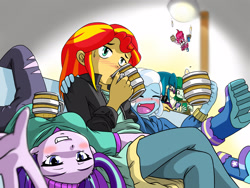 Size: 2224x1668 | Tagged: safe, artist:batipin, juniper montage, pinkie pie, starlight glimmer, sunset shimmer, trixie, wallflower blush, equestria girls, g4, alcohol, beer, blushing, breasts, busty starlight glimmer, cellphone, cider, couch, drinking, drunk, drunk trixie, drunker shimmer, drunkset shimmer, female, go home you're drunk, grin, hard cider, looking at you, lying down, magical trio, open mouth, phone, smartphone, smiling, snaggletooth, volumetric mouth