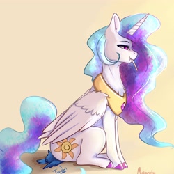 Size: 4000x4000 | Tagged: safe, artist:miokomata, princess celestia, alicorn, bird, pony, g4, butt, colored hooves, female, food, gradient background, mare, meta, mouth hold, plot, pocky, signature, silly, sitting, sitting on person, solo, sunbutt, twitter