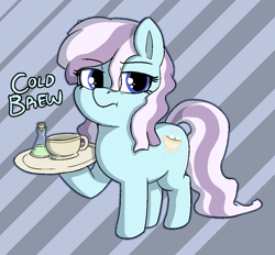 Size: 1000x929 | Tagged: safe, artist:heretichesh, oc, oc only, oc:cold brew, earth pony, pony, abstract background, cup, female, filly, frown, grumpy, potion, saucer, solo, teacup