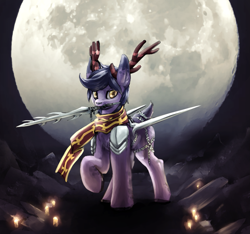 Size: 1191x1113 | Tagged: safe, artist:ampderg, oc, oc:oyama, deer, clothes, dungeons and dragons, moon, pen and paper rpg, rpg, scarf, sword, weapon