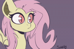 Size: 600x399 | Tagged: safe, artist:sakukitty, fluttershy, bat pony, pony, g4, animated, bat ponified, bust, dialogue, female, flutterbat, gif, lidded eyes, looking at you, mare, offscreen character, portrait, race swap, smug, smugshy, solo, speech bubble
