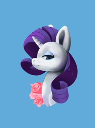 Size: 1024x1366 | Tagged: safe, artist:kusoazi, rarity, pony, g4, blue background, bust, female, flower, looking at you, mare, portrait, profile, rose, simple background, solo