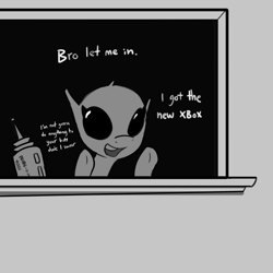 Size: 3000x3000 | Tagged: safe, artist:tjpones, oc, oc only, alien, alien pony, original species, ayy lmao, blatant lies, dude let me in, grayscale, high res, monochrome, over 9000, probe, solo, this will end in probing