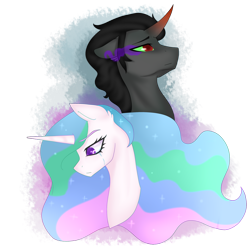 Size: 1024x1024 | Tagged: safe, artist:oniiponii, king sombra, princess celestia, alicorn, pony, unicorn, g4, bad end, bust, colored horn, crying, curved horn, duo, female, horn, male, sad, ship:celestibra, shipping, simple background, sombra eyes, sombra horn, straight, transparent background