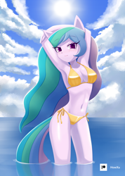 Size: 1000x1407 | Tagged: safe, artist:howxu, princess celestia, anthro, absolute cleavage, arm behind head, armpits, bedroom eyes, belly button, bikini, blushing, breasts, busty princess celestia, cleavage, clothes, curvy, eyelashes, female, looking at you, midriff, ocean, seductive, side-tie bikini, solo, standing in water, stupid sexy celestia, swimsuit, thighs, wide hips