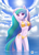 Size: 1000x1407 | Tagged: safe, artist:howxu, princess celestia, anthro, g4, absolute cleavage, arm behind head, armpits, bedroom eyes, belly button, bikini, blushing, breasts, busty princess celestia, cleavage, clothes, curvy, eyelashes, female, looking at you, midriff, ocean, praise the sun, seductive, side-tie bikini, solo, standing in water, stupid sexy celestia, swimsuit, thighs, wide hips
