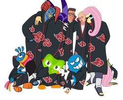 Size: 4812x3906 | Tagged: safe, artist:aaron amethyst, fluttershy, bird, cat, fish, goose, human, owl, pegasus, toucan, anthro, g4, akatsuki, big the cat, bloo (foster's), blooregard q kazoo, duolingo, eminem, female, foster's home for imaginary friends, group, hank hill, king of the hill, male, mike wazowski, monster, monsters inc., naruto, simple background, sonic the hedgehog (series), squatting, toucan sam, transparent background, undertale, undyne, untitled goose game, wat