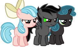 Size: 9467x5899 | Tagged: safe, artist:goldenheart4, apple bloom, cozy glow, king sombra, queen chrysalis, scootaloo, sweetie belle, earth pony, pegasus, pony, unicorn, g4, apple bloom's bow, bow, cozy bloom, cutie mark crusaders, female, filly, hair bow, king scootaloo, league of monstrous zealots, missing cutie mark, palette swap, queen belle, recolor, simple background, smiling, smirk, transparent background, trio