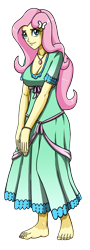 Size: 1080x3000 | Tagged: safe, artist:artemis-polara, fluttershy, equestria girls, g4, barefoot, bracelet, breasts, cleavage, clothes, dress, feet, geode of fauna, jewelry, magical geodes, ribbon, simple background, smiling, solo, transparent background