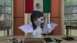 Size: 1280x720 | Tagged: safe, artist:batponyecho, oc, oc only, oc:mitzy, bat pony, pony, 3d, bat pony oc, bat wings, book, chair, cigar, fangs, female, lawn mower, looking at you, mare, mexican flag, mexico, office, open smile, president, sitting, smiling, smiling at you, solo, source filmmaker, spread wings, table, window, wings