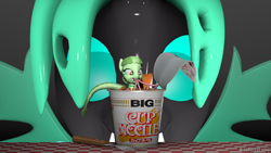Size: 1280x720 | Tagged: safe, artist:batponyecho, oc, oc only, oc:mint chisel, oc:speculo, changeling, monster pony, original species, pony, tatzlpony, 3d, changeling oc, cup, cup noodles, cup of pony, fork, green changeling, holes, instant noodles, macro, micro, nissin, size difference, source filmmaker, spread wings, wings