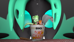 Size: 1280x720 | Tagged: safe, artist:batponyecho, oc, oc only, oc:mint chisel, oc:speculo, changeling, monster pony, original species, pony, tatzlpony, 3d, changeling oc, cup, cup noodles, cup of pony, duo, fork, green changeling, holes, instant noodles, macro, micro, nissin, size difference, source filmmaker, spread wings, wings